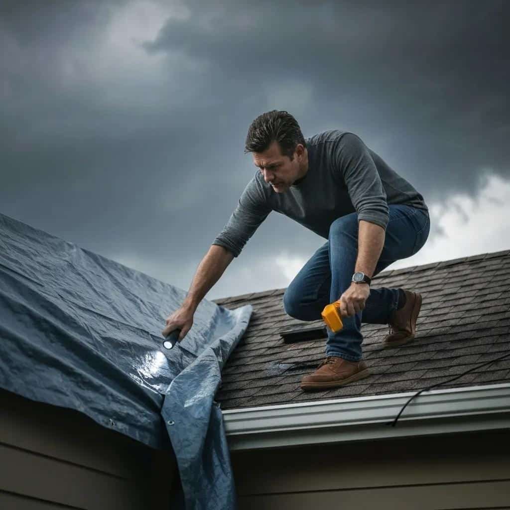 Emergency tarp covering storm-damaged roof section on a Michigan home