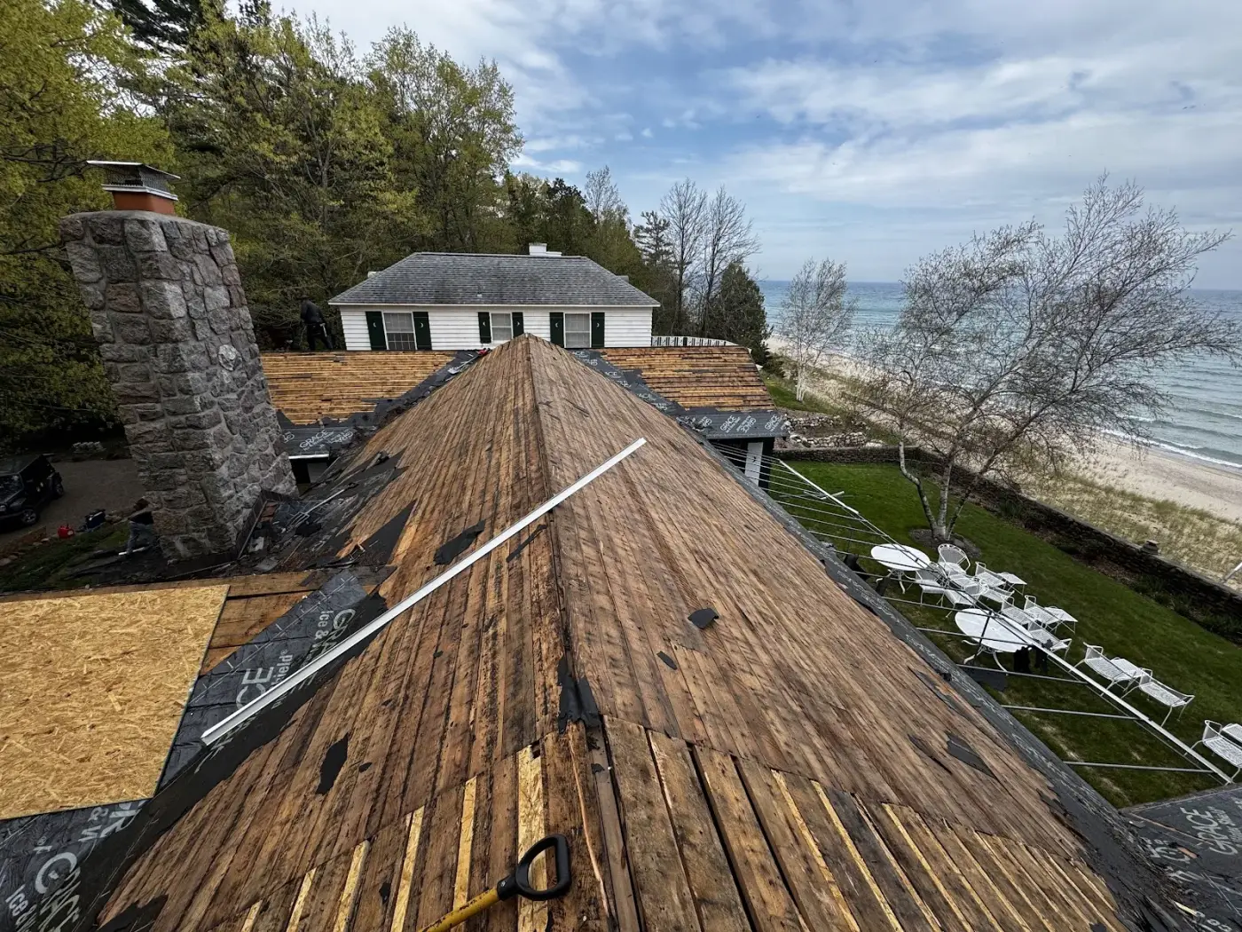 Grace Ice and Water Shield installed along the eaves during a Northern Michigan re-roof, the main defense against ice dam leaks.