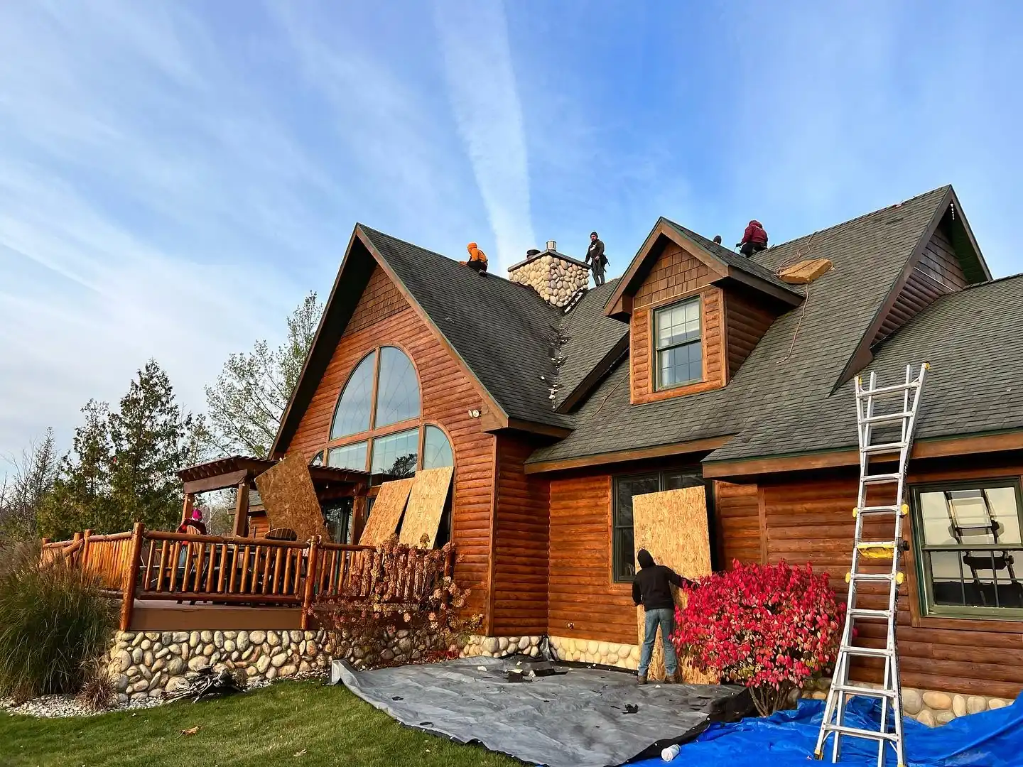 The Falcon Roofing team on a full roof replacement in the Cadillac area of Wexford County, Michigan