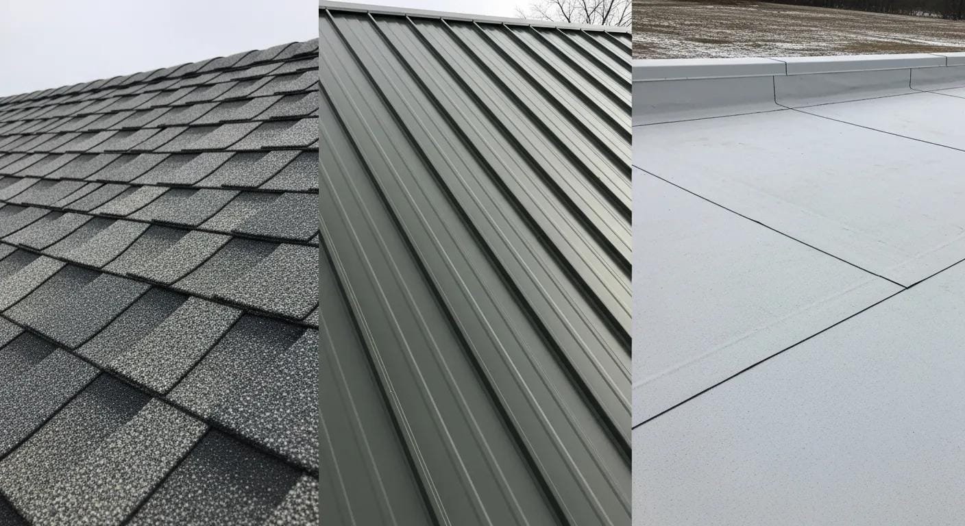 Comparison of asphalt shingle, metal, and flat roofing materials on Traverse City homes